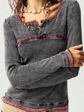 Washed Gray Lace-Trim Long Sleeve Top with Burgundy Accents